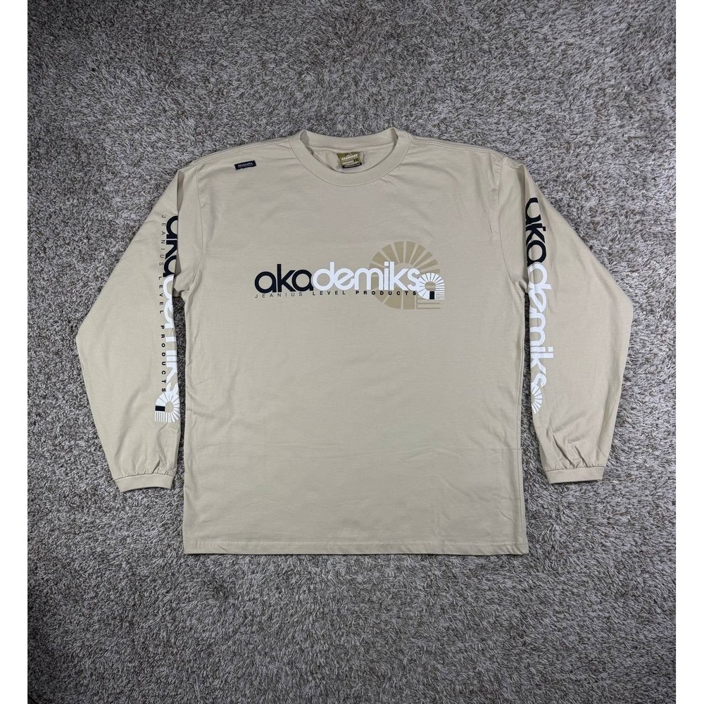 Akademiks Long Sleeve Beige XXL Logo Front Back Print Y2K Hip Hop Skate Vintage